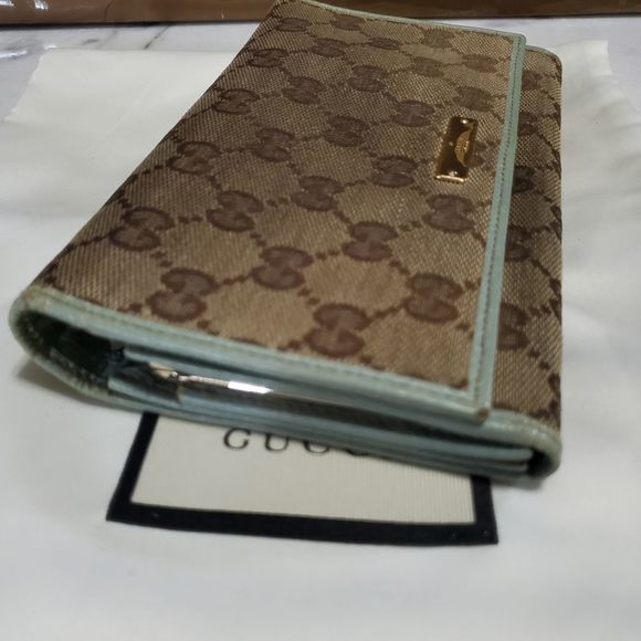 Gucci GG Logo Canvas Continental Tan Bifold Wallet with Blue Trim. 115000959 - Picture 3 of 8